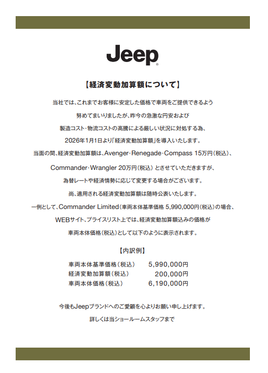◇Jeep®経済変動加算額について◇