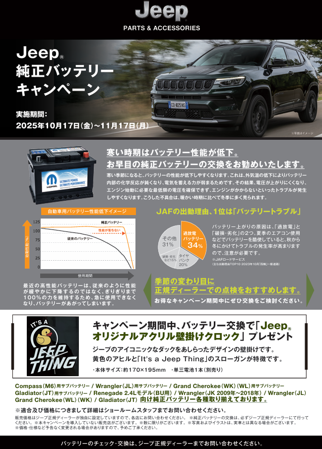 純正バッテリー交換キャンペーン｜ジープ東大阪スタッフブログ｜Jeep