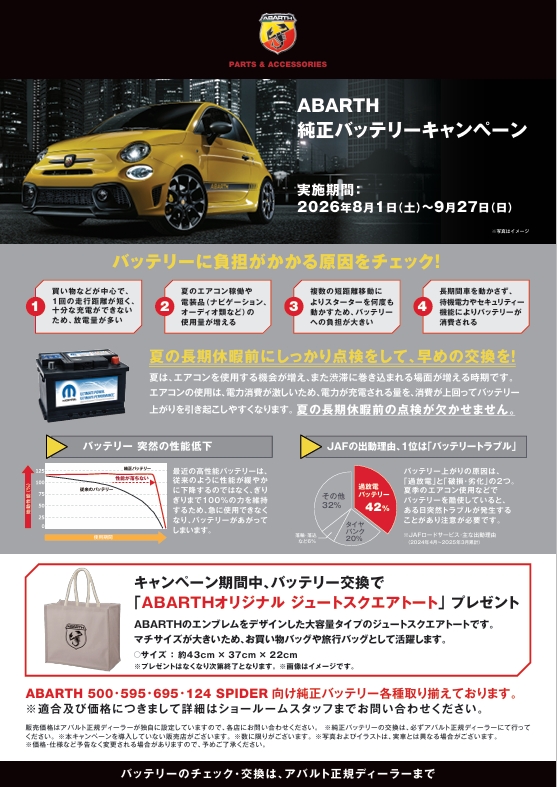 ABARTH純正バッテリー交換キャンペーン実施中！